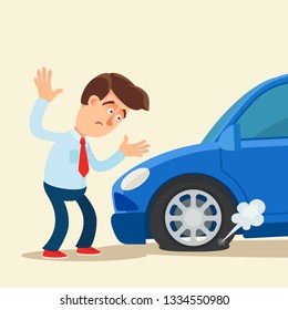 Disappointed man standing near the car with punctured tyre. Vector illustration, flat cartoon style. Isolated background.