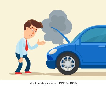 Disappointed man standing near the car with a broken engine. Vector illustration, flat cartoon style. Isolated background.
