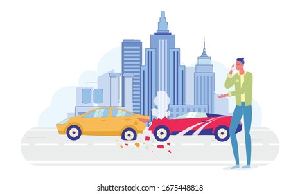 Hombre decepcionado hablando en teléfono móvil sobre el choque de Camión en la ilustración de vectores de dibujos planos de carreteras de la ciudad. Colisión de vehículos, transporte deportivo chocado en automóvil amarillo. Propietario Phoning to Insurance.