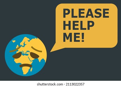 planeta tierra desilusionado y burbuja de habla con texto por favor ayúdenme en fondo oscuro,ilustración vectorial
