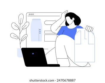 Disappointed with purchase isolated cartoon vector illustrations. Disappointed girl looking at her online shopping purchases, wrong size clothes, buying new clothes via internet vector cartoon.