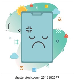 Expressão de Emoji Puzzled Decepcionada na Tela do Smartphone - Ilustração Digital Alegre com Fundo Branco e Formas Abstratas | Desapontado design ícone emoji enigmático na tela do smartphone