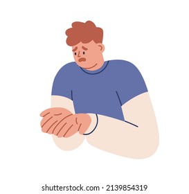 Disappointed sad man with upset unhappy face regretting. Desperate person is sorry for failure, making excuses. Disappointment emotion. Flat graphic vector illustration isolated on white background