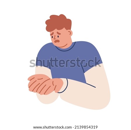Disappointed sad man with upset unhappy face regretting. Desperate person is sorry for failure, making excuses. Disappointment emotion. Flat graphic vector illustration isolated on white background