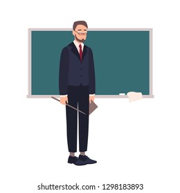 Disappointed school teacher or university professor standing beside chalkboard and looking at audience. Shocked lecturer with pointer isolated on white background. Flat cartoon vector illustration.