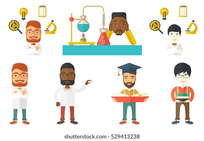 Disappointed student carrying out experiment in chemistry class. Student clutching head after failed experiment in chemistry class. Set of vector flat design illustrations isolated on white background
