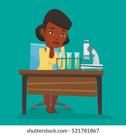 Disappointed student carrying out experiment in chemistry class. An african-american student clutching head after failed experiment in chemistry class. Vector flat design illustration. Square layout.