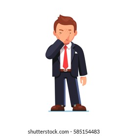 Disappointed and tired businessman covering his eyes with hand showing facepalm gesture. Office worker or manager feeling stress, shame & having a headache. Flat style modern vector illustration. 