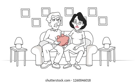 disappointed Unhappy couple family husband wife holding a piggy bank empty no savings sitting on a sofa at home