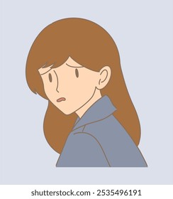 Disappointed woman feeling anxious,  facial expression of disgust. Hand drawn flat cartoon character vector illustration. 