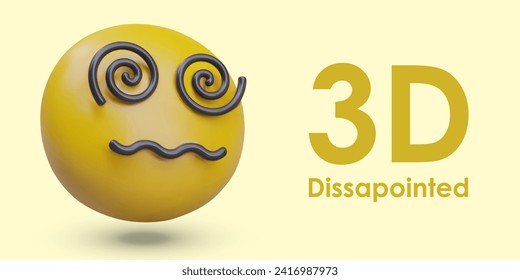 Disappointed yellow emoticon close up. 3D head with spirals instead of eyes and twisted mouth. Dizziness, uncertainty, hypnosis. Difficult choice. Dizzy face