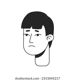 Disappointed young asian man with bang monochrome flat linear character head. Stressed guy. Editable outline hand drawn human face icon. 2D cartoon spot vector avatar illustration for animation