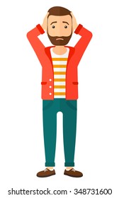 A disappointed young hipster man with the beard standing and clutching his head vector flat design illustration isolated on white background. Vertical layout.