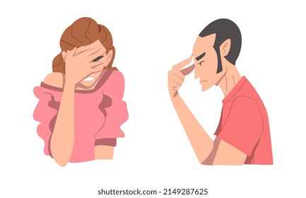 Disappointed Young Man and Woman Trying to Remember Something Feeling Frustration About Forgetting Things Vector Set