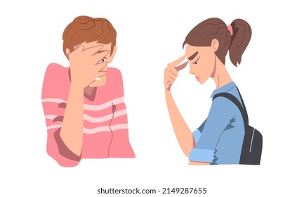 Disappointed Young Man and Woman Trying to Remember Something Feeling Frustration About Forgetting Things Vector Set