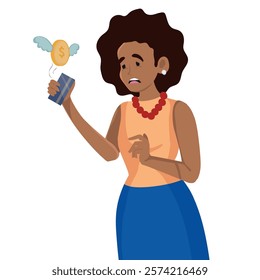 disappointed young woman looking at credit or debit card, debt, vector illustration.