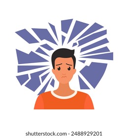 Disappointment and frustration of man with broken pieces of glass above head vector illustration