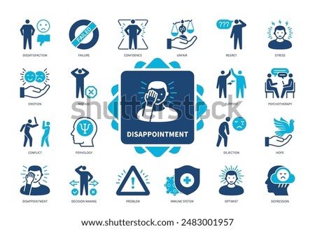 Disappointment icon set. Failure, Stress, Mistake, Dissatisfaction, Hope, Regret, Immune System, Psychotherapy, Conflict. Duotone color solid icons