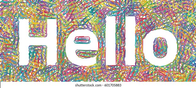 Disarray of multicolored Paperclips void as Hello word. Vector Illustration Abstract Background.