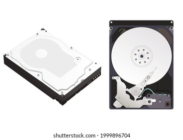 Disassembled and assembled hard disk drive isolated on white background. Vector illustration