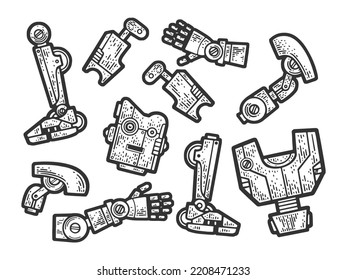 disassembled broken cartoon robot sketch engraving vector illustration. Scratch board imitation. Black and white hand drawn image.