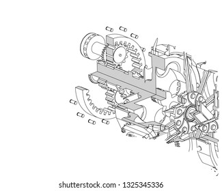 Disassembled engine on a white background. Drawing