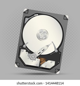 Disassembled hard drive with shadow on gray transparent background. Technology electronic object