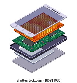 Disassembled Isometric Smartphone Tablet Cutaway. Vector Illustration.