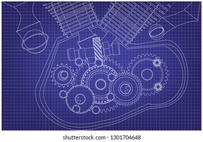 Disassembled motorcycle engine on a blue background. Drawing