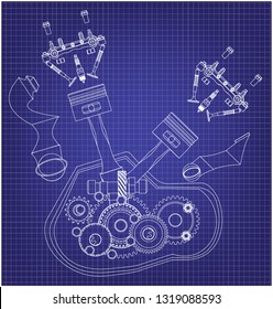 Disassembled motorcycle engine on a blue background. Drawing