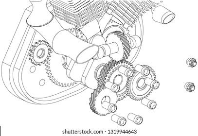 Disassembled motorcycle engine on a white background. Drawing