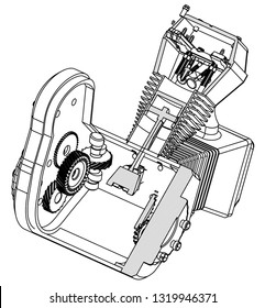 Disassembled motorcycle engine on a white background. Drawing