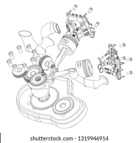 Disassembled Motorcycle Engine On A White Background. Drawing