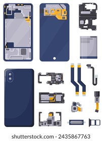 Disassembled phone. Smartphone repair parts, electronic components inside mobile smart phones, broken cellphone hardware details battery screen motherboard neat vector illustration