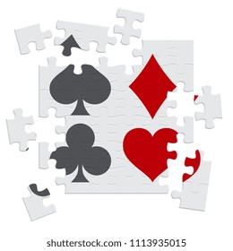 Disassembled puzzle with symbols of poker and casino. Vector illustration.
