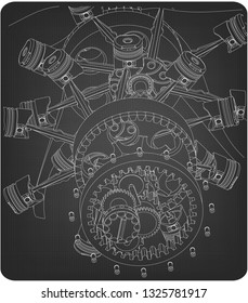 Disassembled radial engine on a gray background. Drawing