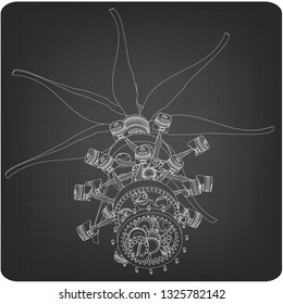 Disassembled radial engine on a gray background. Drawing