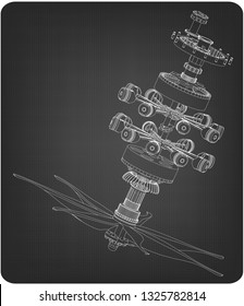 Disassembled radial engine on a gray background. Drawing