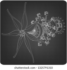 Disassembled radial engine on a gray background. Drawing