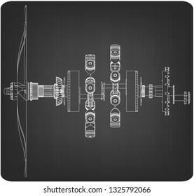 Disassembled radial engine on a gray background. Drawing