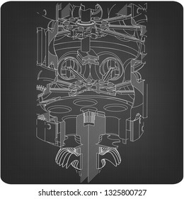 Disassembled radial engine on a gray background. Drawing