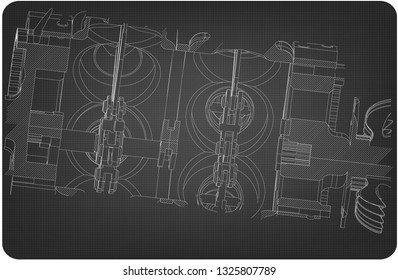 Disassembled radial engine on a gray background. Drawing