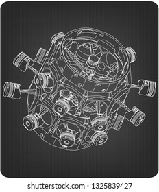 Disassembled radial engine on a gray background. Drawing