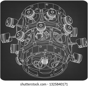Disassembled radial engine on a gray background. Drawing