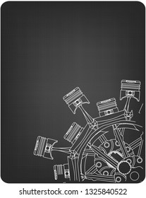 Disassembled radial engine on a gray background. Drawing