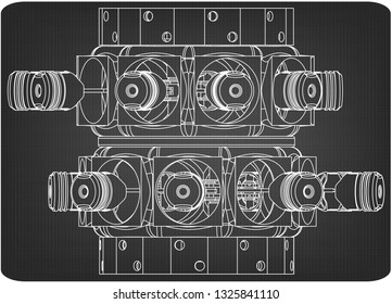 Disassembled radial engine on a gray background. Drawing