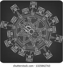 Disassembled radial engine on a gray background. Drawing