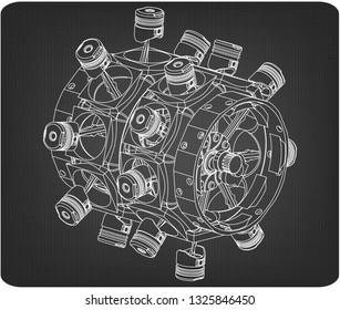 Disassembled radial engine on a gray background. Drawing