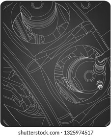 Disassembled radial engine on a gray background. Drawing