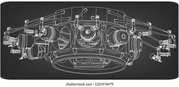 Motor radial desmontado sobre un fondo gris. Dibujo